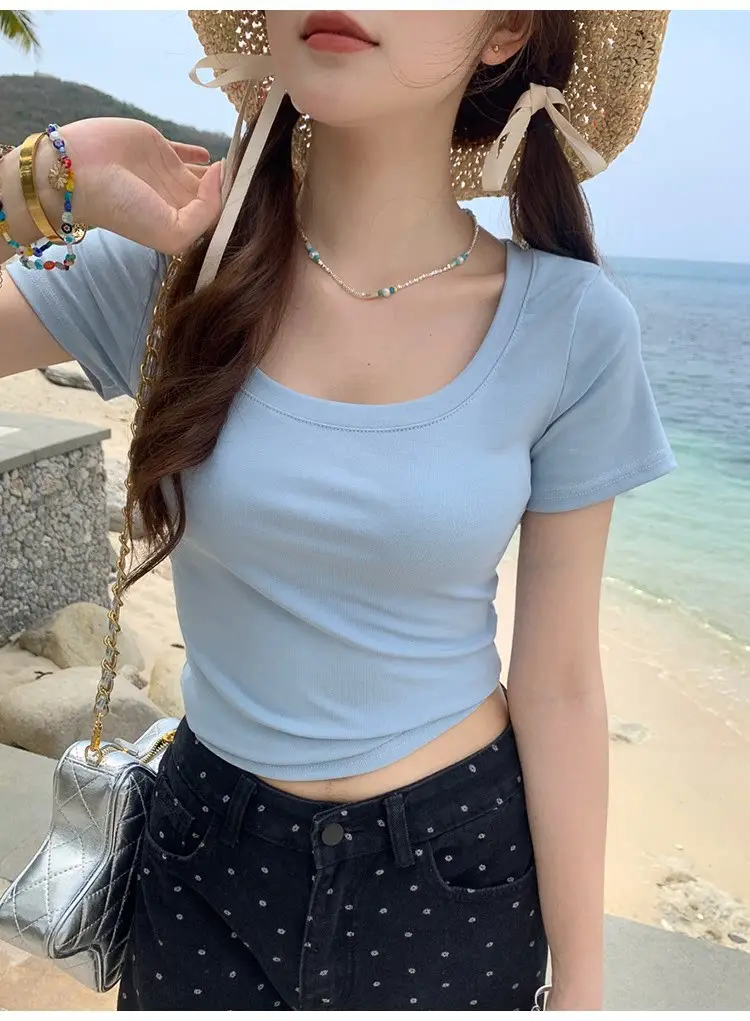 Pure Cotton U-Neck Short-Sleeve T-Shirt for Women, Summer Sweet and Spicy Dopamine Style, Slim Fit Low Round Neck, Clavicle-Exposing Short Top — feature 26