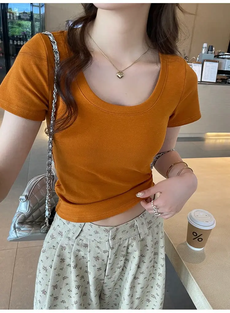 Pure Cotton U-Neck Short-Sleeve T-Shirt for Women, Summer Sweet and Spicy Dopamine Style, Slim Fit Low Round Neck, Clavicle-Exposing Short Top — feature 30