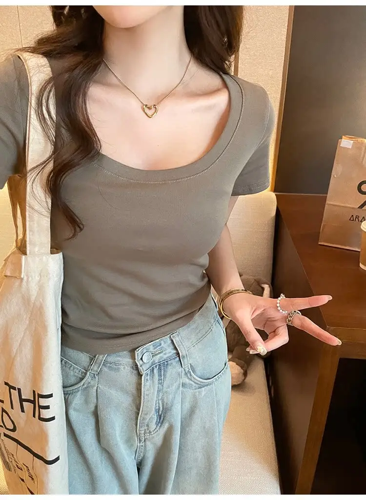 Pure Cotton U-Neck Short-Sleeve T-Shirt for Women, Summer Sweet and Spicy Dopamine Style, Slim Fit Low Round Neck, Clavicle-Exposing Short Top — feature 32