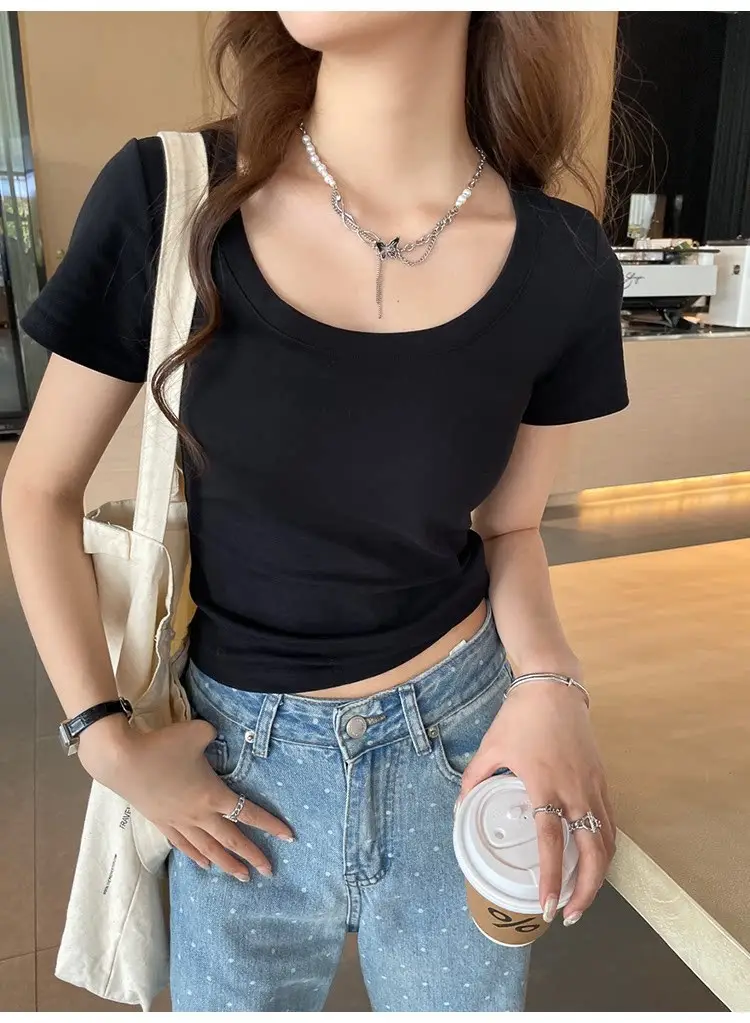 Pure Cotton U-Neck Short-Sleeve T-Shirt for Women, Summer Sweet and Spicy Dopamine Style, Slim Fit Low Round Neck, Clavicle-Exposing Short Top — feature 33