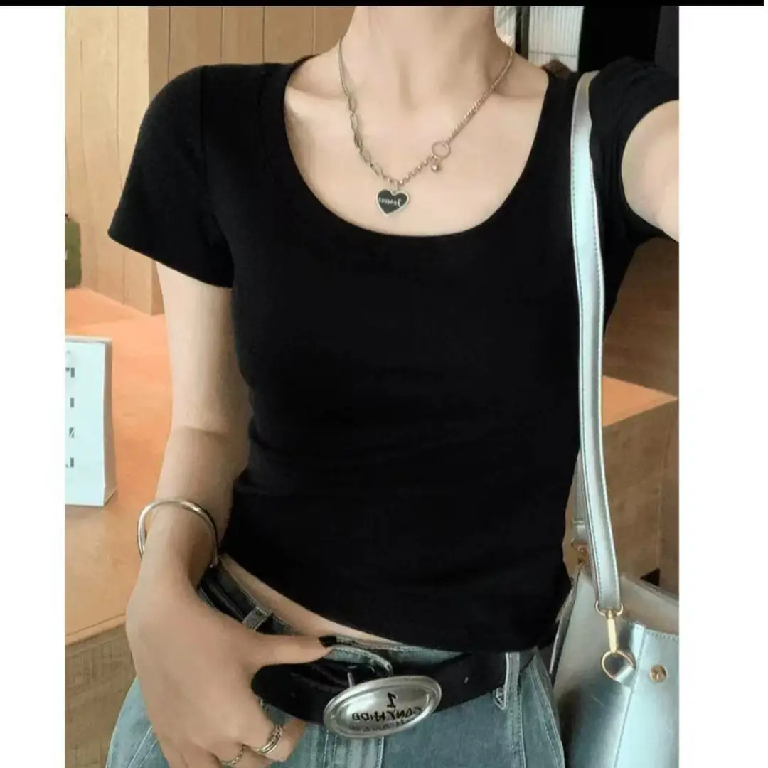 Pure Cotton U-Neck Short-Sleeve T-Shirt for Women, Summer Sweet and Spicy Dopamine Style, Slim Fit Low Round Neck, Clavicle-Exposing Short Top — feature 35