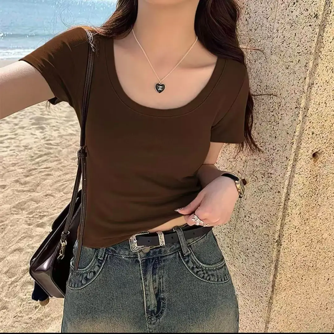 Pure Cotton U-Neck Short-Sleeve T-Shirt for Women, Summer Sweet and Spicy Dopamine Style, Slim Fit Low Round Neck, Clavicle-Exposing Short Top — feature 37