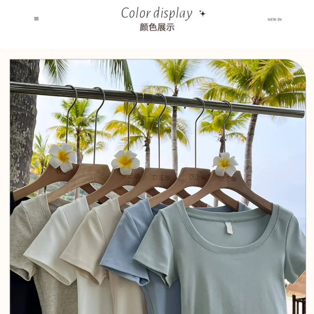 Pure Cotton U-Neck Short-Sleeve T-Shirt for Women, Summer Sweet and Spicy Dopamine Style, Slim Fit Low Round Neck, Clavicle-Exposing Short Top — feature 4