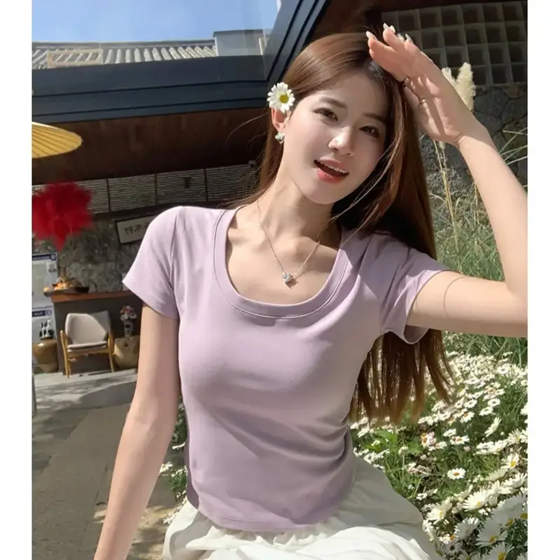 Pure Cotton U-Neck Short-Sleeve T-Shirt for Women, Summer Sweet and Spicy Dopamine Style, Slim Fit Low Round Neck, Clavicle-Exposing Short Top — feature 43