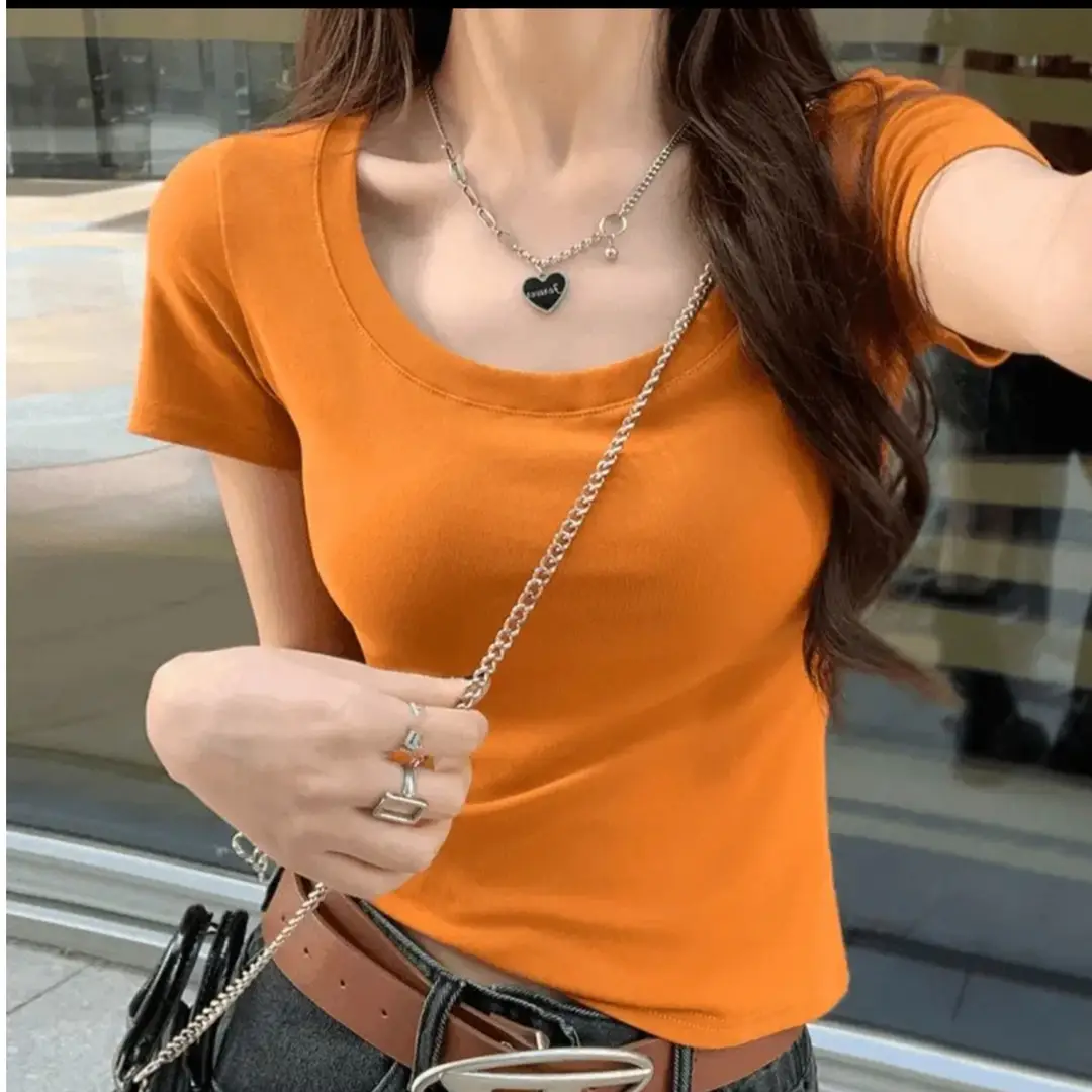 Pure Cotton U-Neck Short-Sleeve T-Shirt for Women, Summer Sweet and Spicy Dopamine Style, Slim Fit Low Round Neck, Clavicle-Exposing Short Top