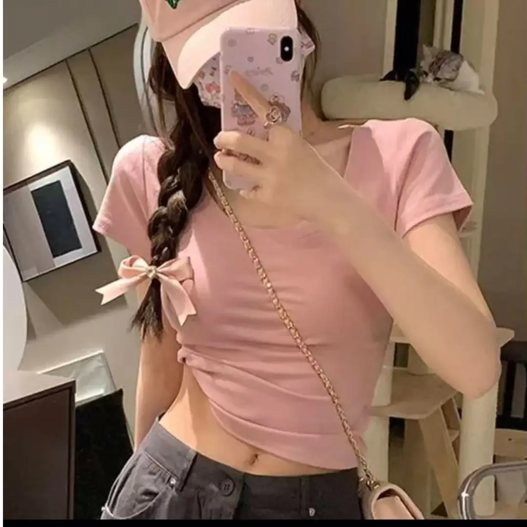Pure Cotton U-Neck Short-Sleeve T-Shirt for Women, Summer Sweet and Spicy Dopamine Style, Slim Fit Low Round Neck, Clavicle-Exposing Short Top
