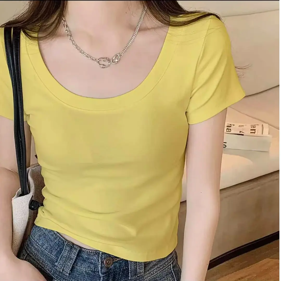 Pure Cotton U-Neck Short-Sleeve T-Shirt for Women, Summer Sweet and Spicy Dopamine Style, Slim Fit Low Round Neck, Clavicle-Exposing Short Top
