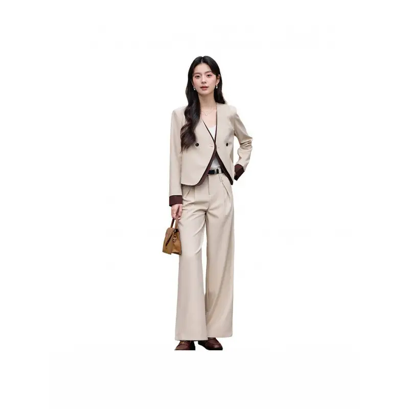 Korean Fashion Style Chanel-Inspired Blazer for Women, New Spring and Autumn Season, Elegant Socialite Style, Patchwork Wide-Leg Pants Suit