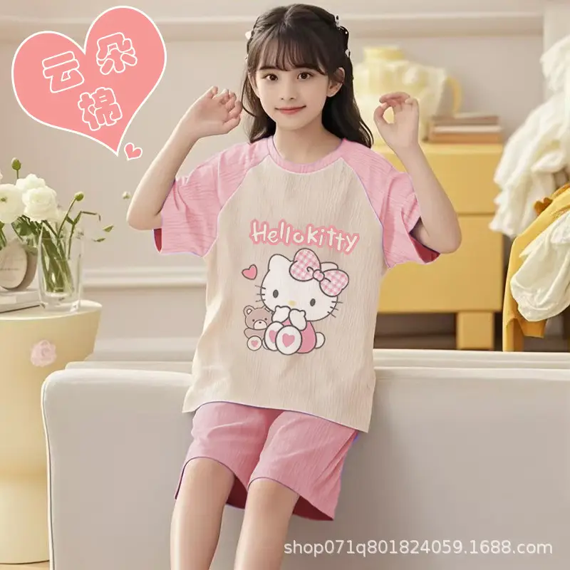 Cloud Cotton Girls' Pajama Set Summer Children's Pajamas Short Sleeve Shorts Thin Style Girls' Homewear for Older Kids