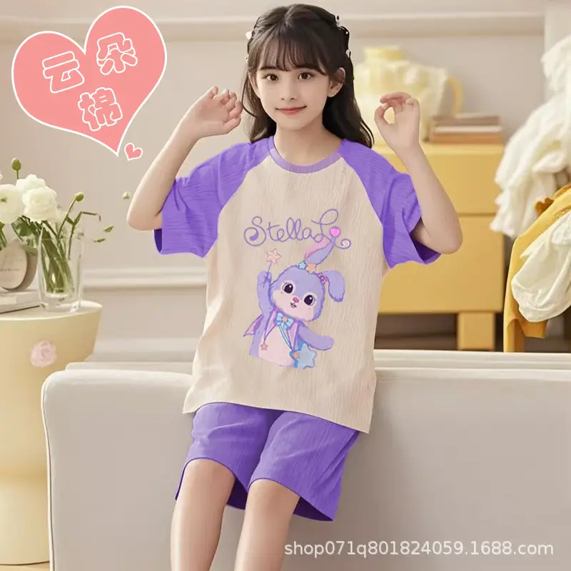 Cloud Cotton Girls' Pajama Set Summer Children's Pajamas Short Sleeve Shorts Thin Style Girls' Homewear for Older Kids