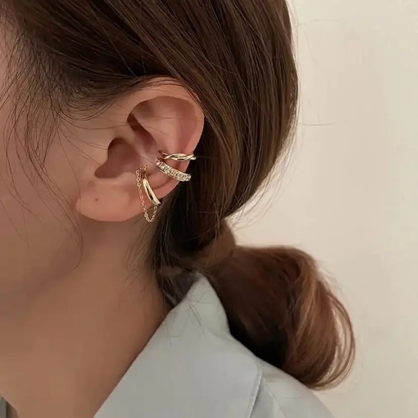 European and American Cross-Border Best-Selling Minimalist Line Design Diamond-Encrusted Double C Ear Cuff, Personalized Double-Layer U-Shaped Non-Pierced Ear Clip Earrings