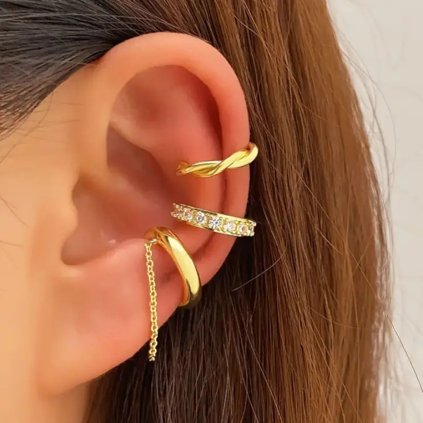 European and American Cross-Border Best-Selling Minimalist Line Design Diamond-Encrusted Double C Ear Cuff, Personalized Double-Layer U-Shaped Non-Pierced Ear Clip Earrings