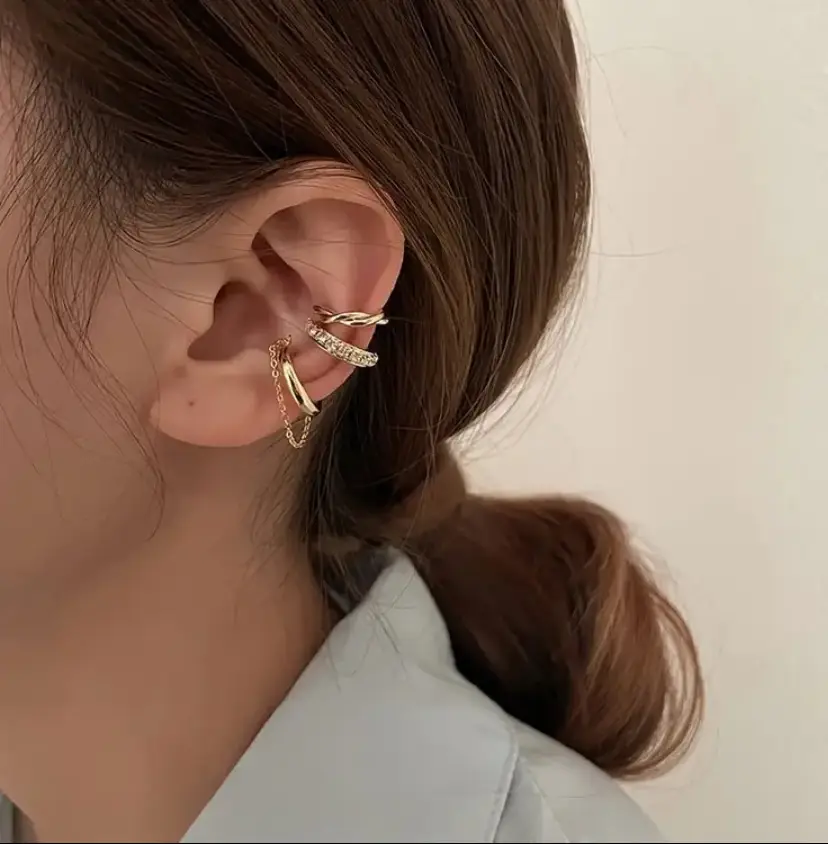 European and American Cross-Border Best-Selling Minimalist Line Design Diamond-Encrusted Double C Ear Cuff, Personalized Double-Layer U-Shaped Non-Pierced Ear Clip Earrings — feature 4