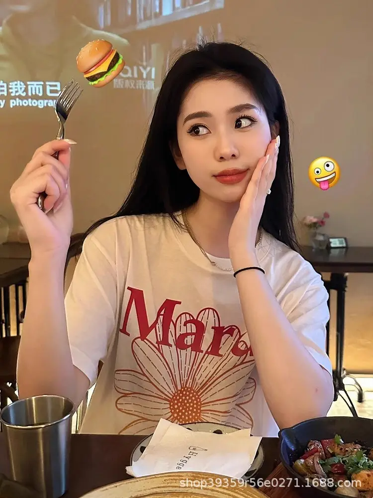 Korean Version In-Stock Mardi Short-Sleeve T-Shirt with Daisy and Dachshund Print, Same Style as Kim Go-Eun, Loose Fit Versatile Top for Women — feature 25