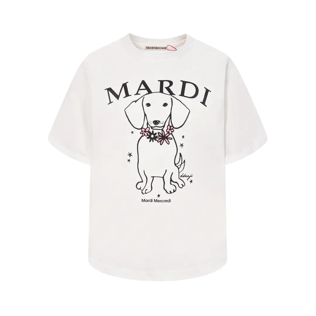 Korean Version In-Stock Mardi Short-Sleeve T-Shirt with Daisy and Dachshund Print, Same Style as Kim Go-Eun, Loose Fit Versatile Top for Women