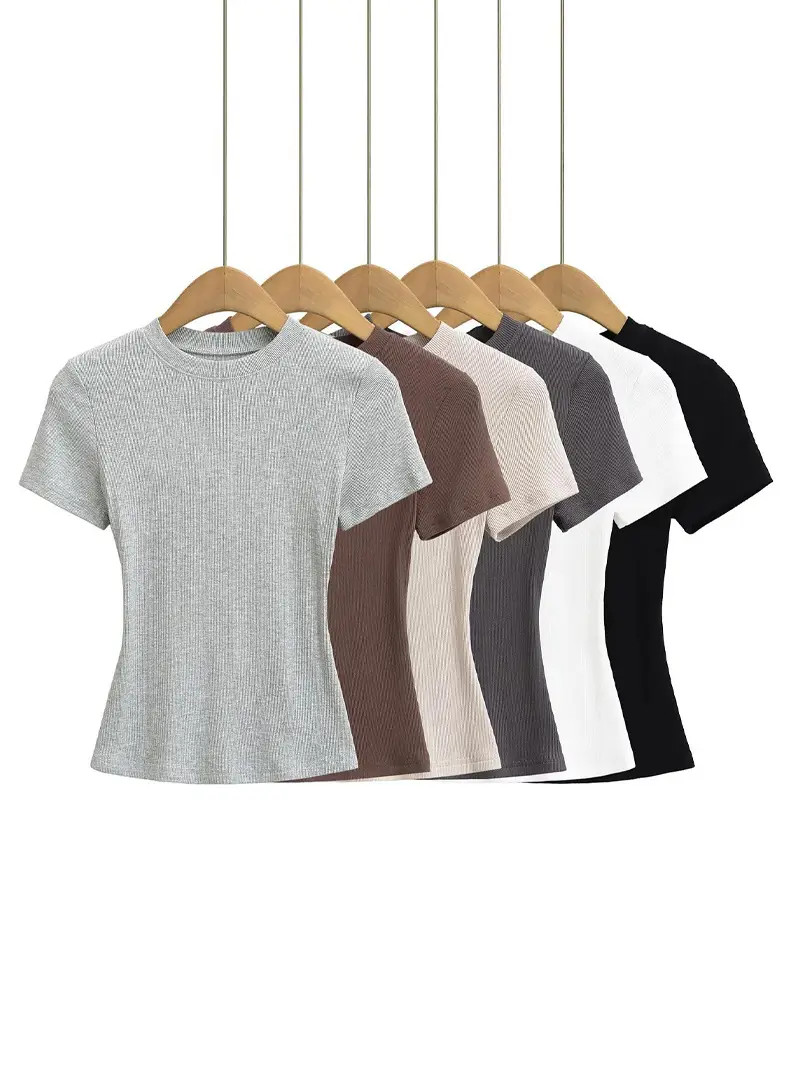 American-Style Slim-Fit Base Shirt for Women, New Summer Tight-Fitting T-Shirt, Short-Sleeve Round Neck, Slimming Solid Color Top, Trendy Ins Style