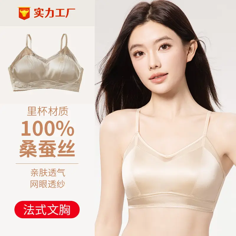 Mesh Silk Bra, Triangle Cup, French Style Mulberry Silk Bra, Lightweight Three-Row Buckle, Beautiful Back, No Steel Ring Underwear for Women