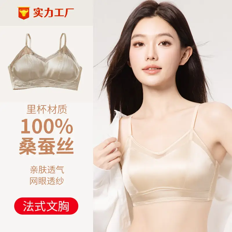 Mesh Silk Bra, Triangle Cup, French Style Mulberry Silk Bra, Lightweight Three-Row Buckle, Beautiful Back, No Steel Ring Underwear for Women