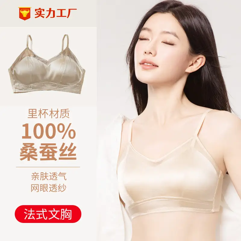 Mesh Silk Bra, Triangle Cup, French Style Mulberry Silk Bra, Lightweight Three-Row Buckle, Beautiful Back, No Steel Ring Underwear for Women