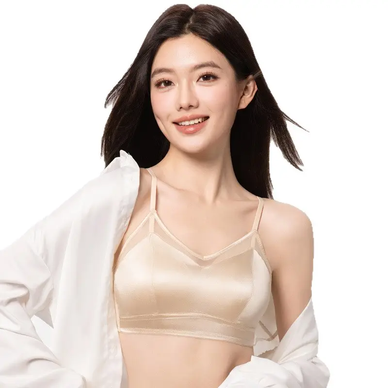 Mesh Silk Bra, Triangle Cup, French Style Mulberry Silk Bra, Lightweight Three-Row Buckle, Beautiful Back, No Steel Ring Underwear for Women