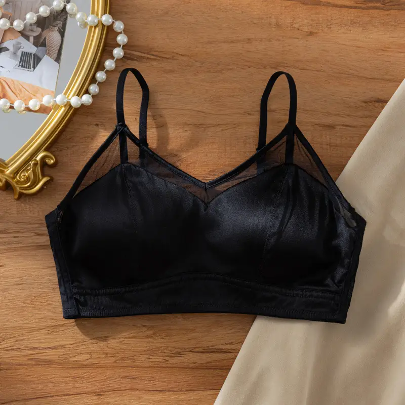 Mesh Silk Bra, Triangle Cup, French Style Mulberry Silk Bra, Lightweight Three-Row Buckle, Beautiful Back, No Steel Ring Underwear for Women