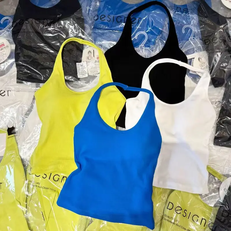 Trendy Halter Neck Cotton Tank Top for Women with Chest Pads, Dopamine Versatile Outerwear Base Shirt for Women