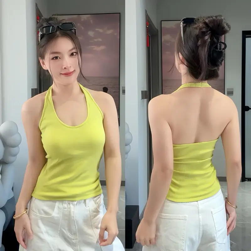 Trendy Halter Neck Cotton Tank Top for Women with Chest Pads, Dopamine Versatile Outerwear Base Shirt for Women