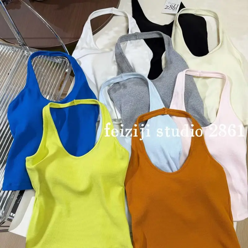Trendy Halter Neck Cotton Tank Top for Women with Chest Pads, Dopamine Versatile Outerwear Base Shirt for Women