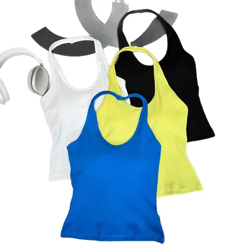 Trendy Halter Neck Cotton Tank Top for Women with Chest Pads, Dopamine Versatile Outerwear Base Shirt for Women