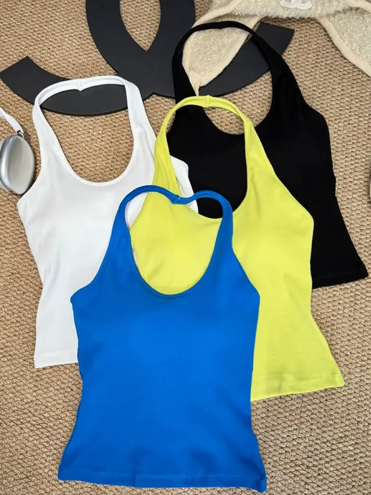 Trendy Halter Neck Cotton Tank Top for Women with Chest Pads, Dopamine Versatile Outerwear Base Shirt for Women — feature 3