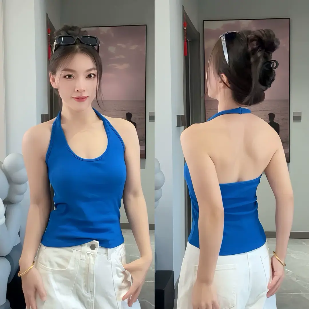 Trendy Halter Neck Cotton Tank Top for Women with Chest Pads, Dopamine Versatile Outerwear Base Shirt for Women — feature 6