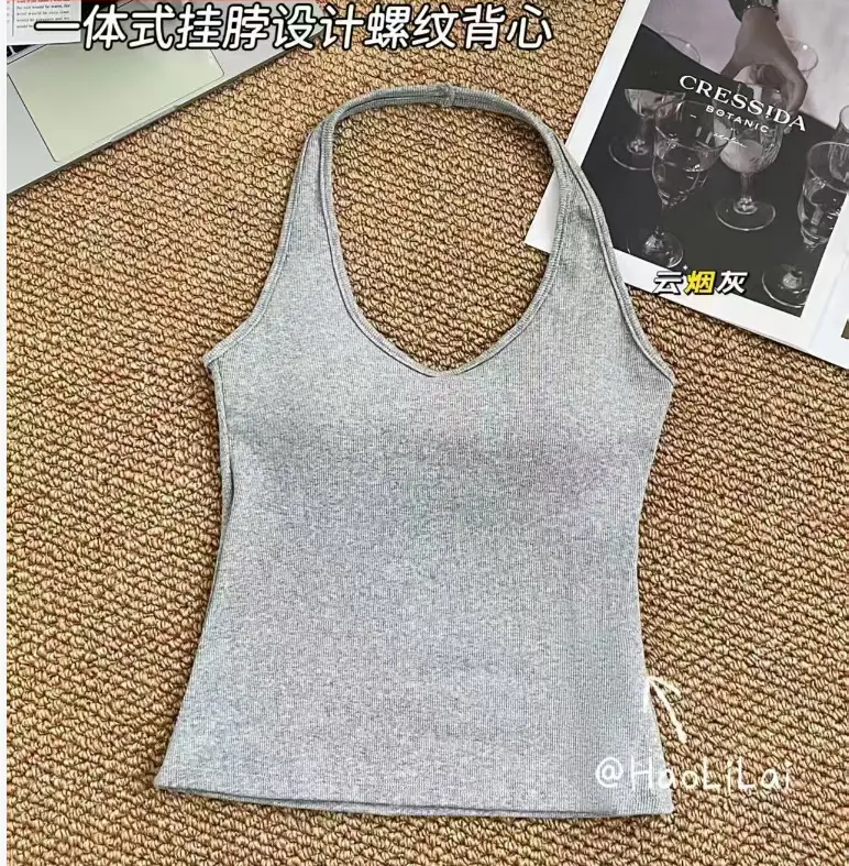 Trendy Halter Neck Cotton Tank Top for Women with Chest Pads, Dopamine Versatile Outerwear Base Shirt for Women