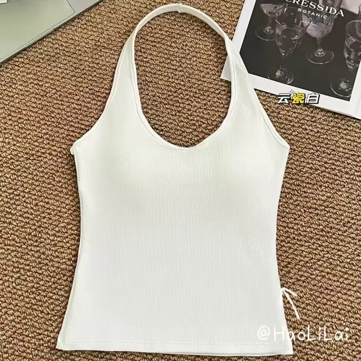 Trendy Halter Neck Cotton Tank Top for Women with Chest Pads, Dopamine Versatile Outerwear Base Shirt for Women
