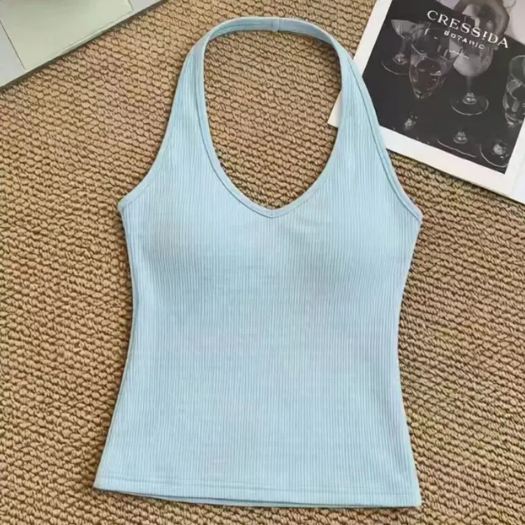 Trendy Halter Neck Cotton Tank Top for Women with Chest Pads, Dopamine Versatile Outerwear Base Shirt for Women