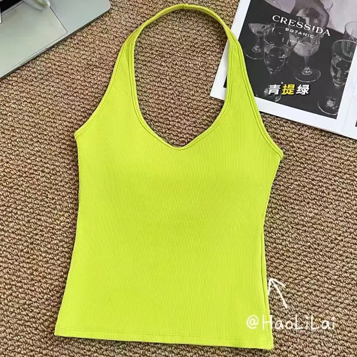 Trendy Halter Neck Cotton Tank Top for Women with Chest Pads, Dopamine Versatile Outerwear Base Shirt for Women