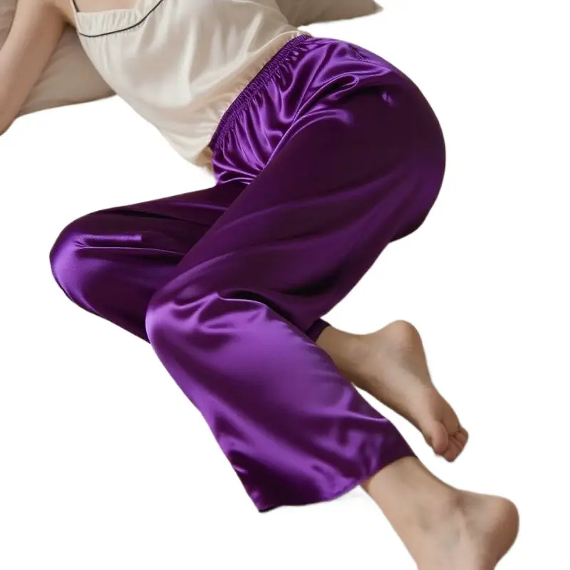 Ice Silk Women's Pajama Pants, Thin and Loose-Fitting for Spring and Autumn, Plus-Size Silk Home Pants, Solid Color Summer Long Pants