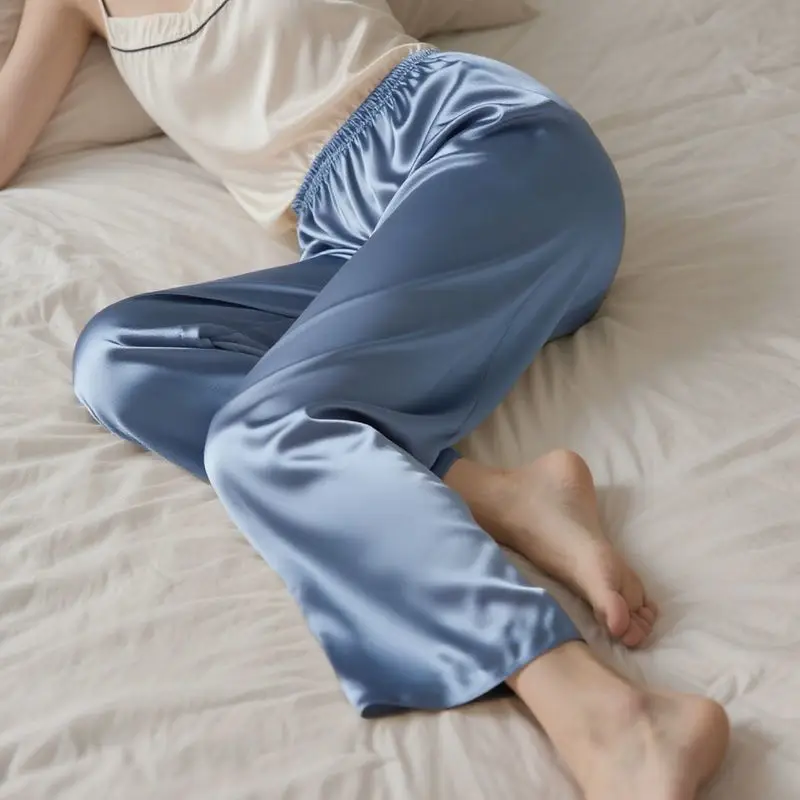 Ice Silk Women's Pajama Pants, Thin and Loose-Fitting for Spring and Autumn, Plus-Size Silk Home Pants, Solid Color Summer Long Pants — feature 1