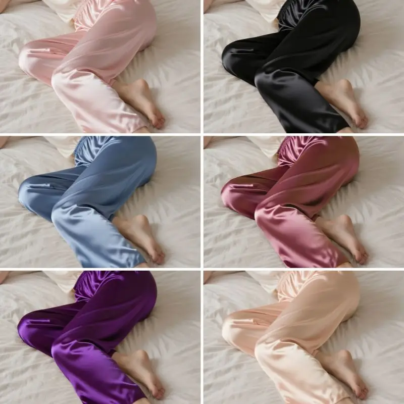 Ice Silk Women's Pajama Pants, Thin and Loose-Fitting for Spring and Autumn, Plus-Size Silk Home Pants, Solid Color Summer Long Pants