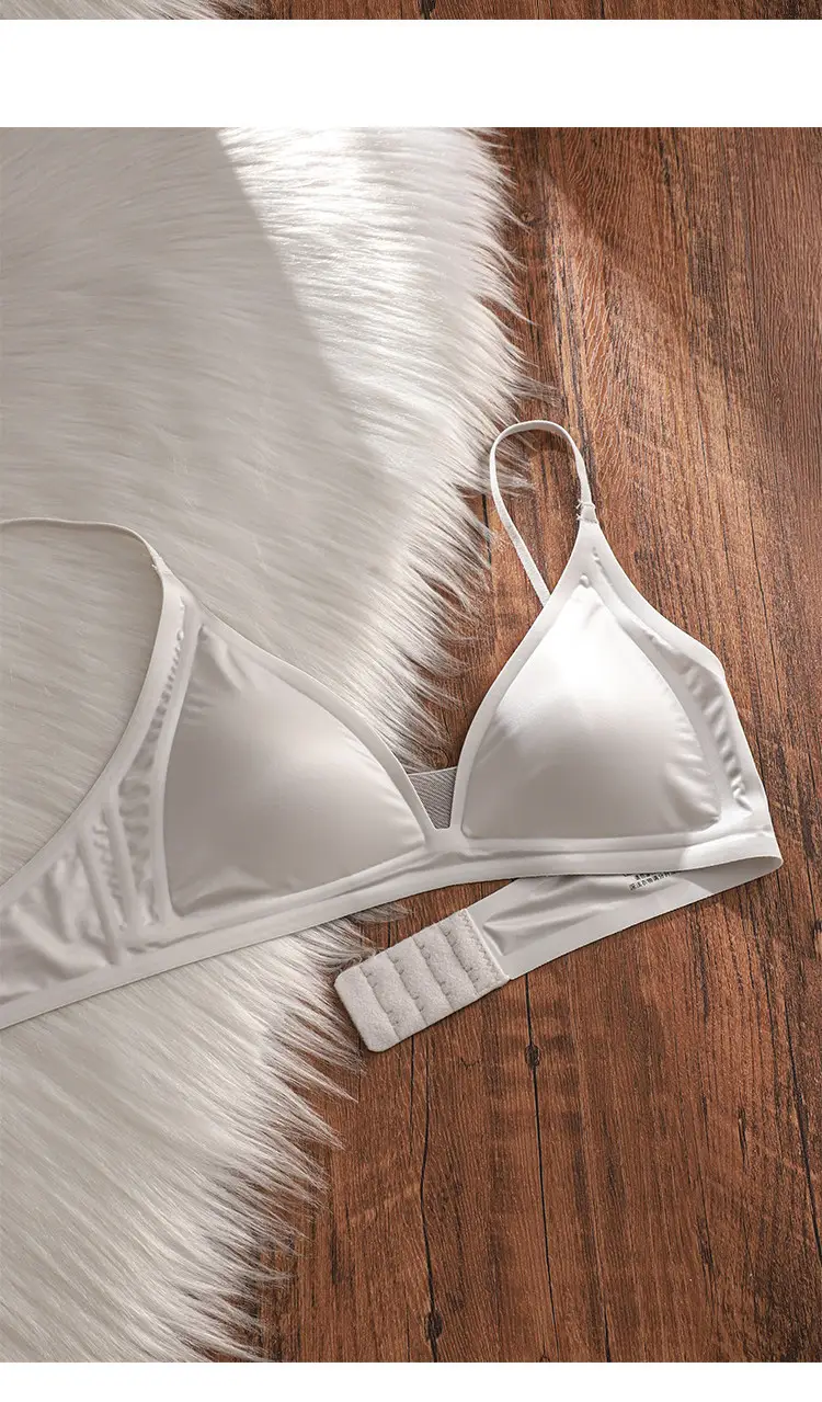 Thin Milk Satin French Deep V-Neck Lingerie for Women with Thin Straps, Seamless Triangle Cup, Wireless Bra for Small Busts, Summer — feature 15