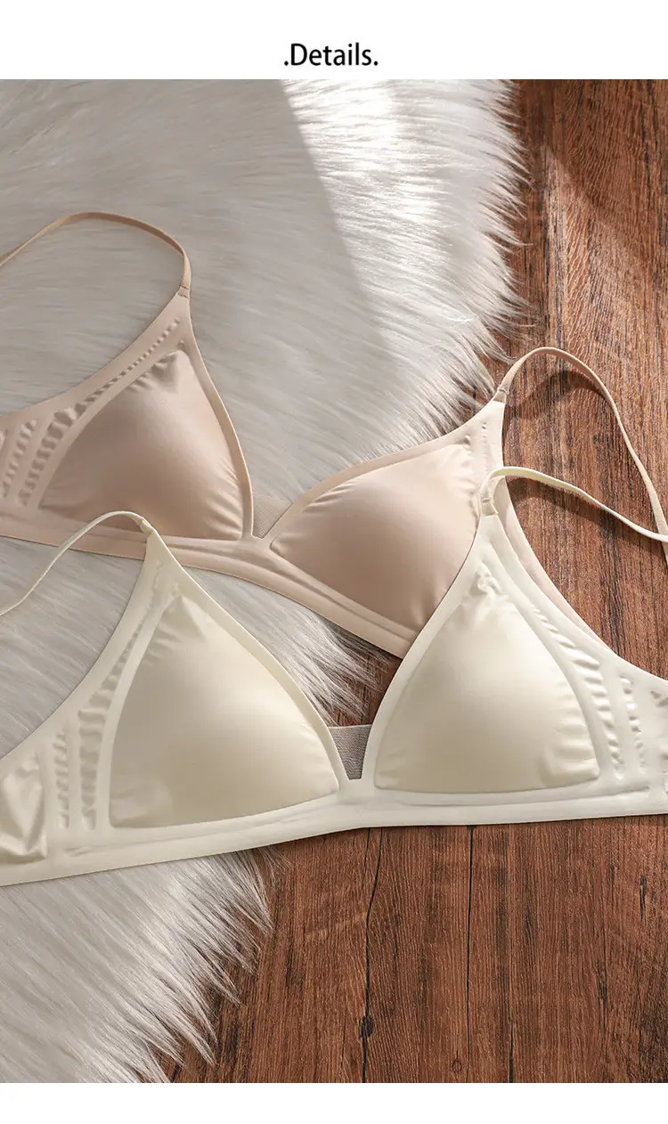 Thin Milk Satin French Deep V-Neck Lingerie for Women with Thin Straps, Seamless Triangle Cup, Wireless Bra for Small Busts, Summer — feature 2