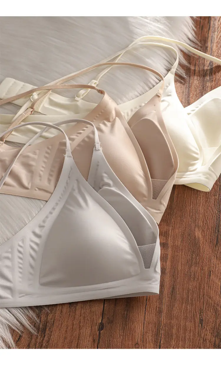 Thin Milk Satin French Deep V-Neck Lingerie for Women with Thin Straps, Seamless Triangle Cup, Wireless Bra for Small Busts, Summer — feature 5