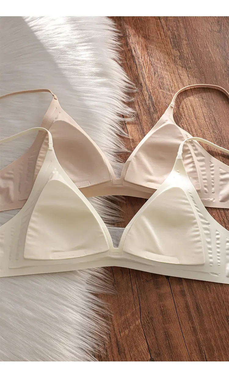 Thin Milk Satin French Deep V-Neck Lingerie for Women with Thin Straps, Seamless Triangle Cup, Wireless Bra for Small Busts, Summer — feature 8