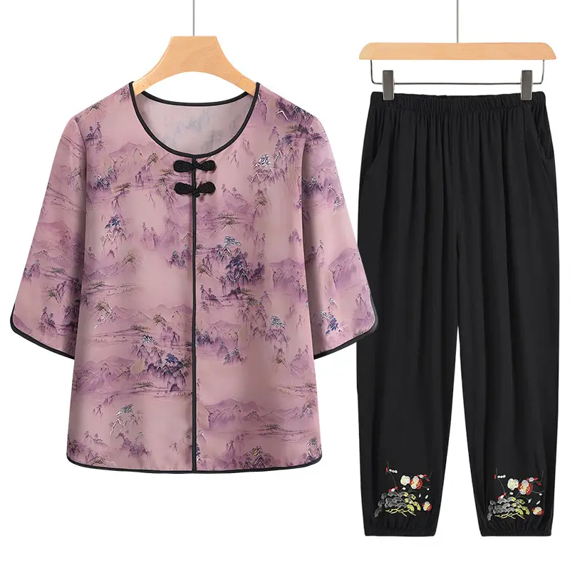 Mom's New Summer Outfit Set, New Chinese Style National Style Satin Thin Two-Piece Casual Shirt for Middle-Aged and Elderly Women