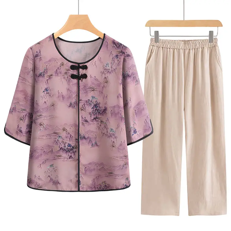 Mom's New Summer Outfit Set, New Chinese Style National Style Satin Thin Two-Piece Casual Shirt for Middle-Aged and Elderly Women