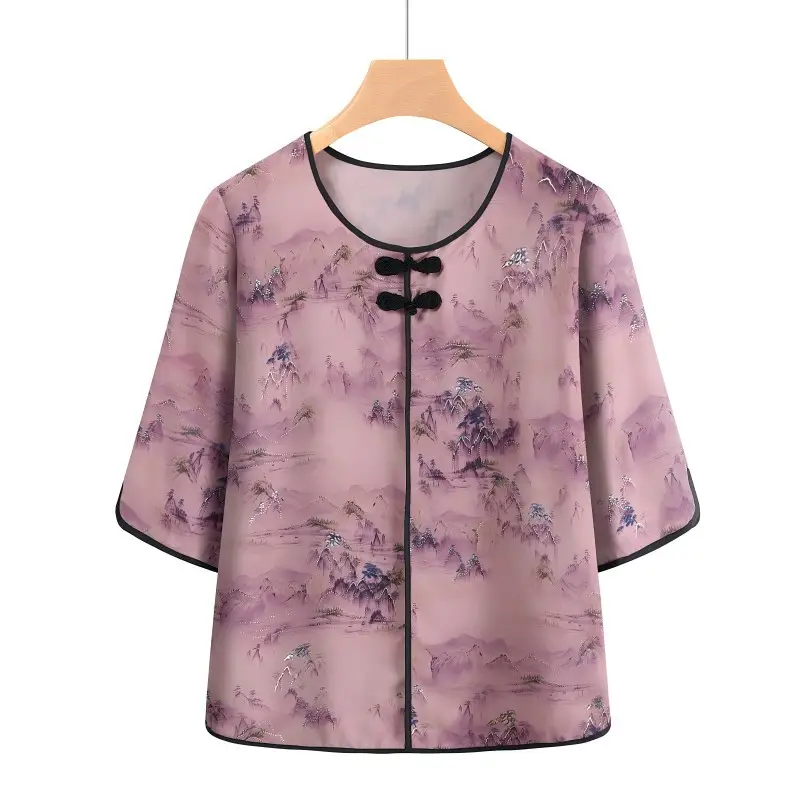 Mom's New Summer Outfit Set, New Chinese Style National Style Satin Thin Two-Piece Casual Shirt for Middle-Aged and Elderly Women