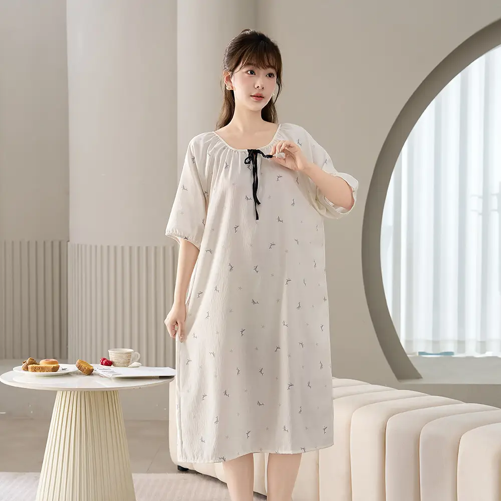 Cloud Cotton Pajamas for Women, New Summer Style Nightgown, Mid-Length Short-Sleeved Nightgown, Large Size, Can Be Worn Outside, Women's Home Clothes