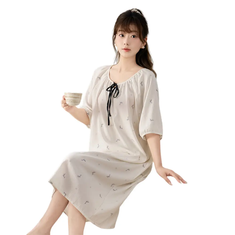 Cloud Cotton Pajamas for Women, New Summer Style Nightgown, Mid-Length Short-Sleeved Nightgown, Large Size, Can Be Worn Outside, Women's Home Clothes