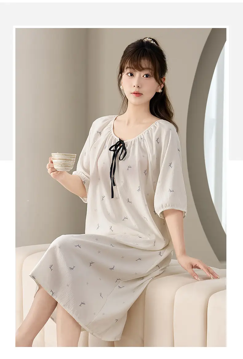 Cloud Cotton Pajamas for Women, New Summer Style Nightgown, Mid-Length Short-Sleeved Nightgown, Large Size, Can Be Worn Outside, Women's Home Clothes — feature 11