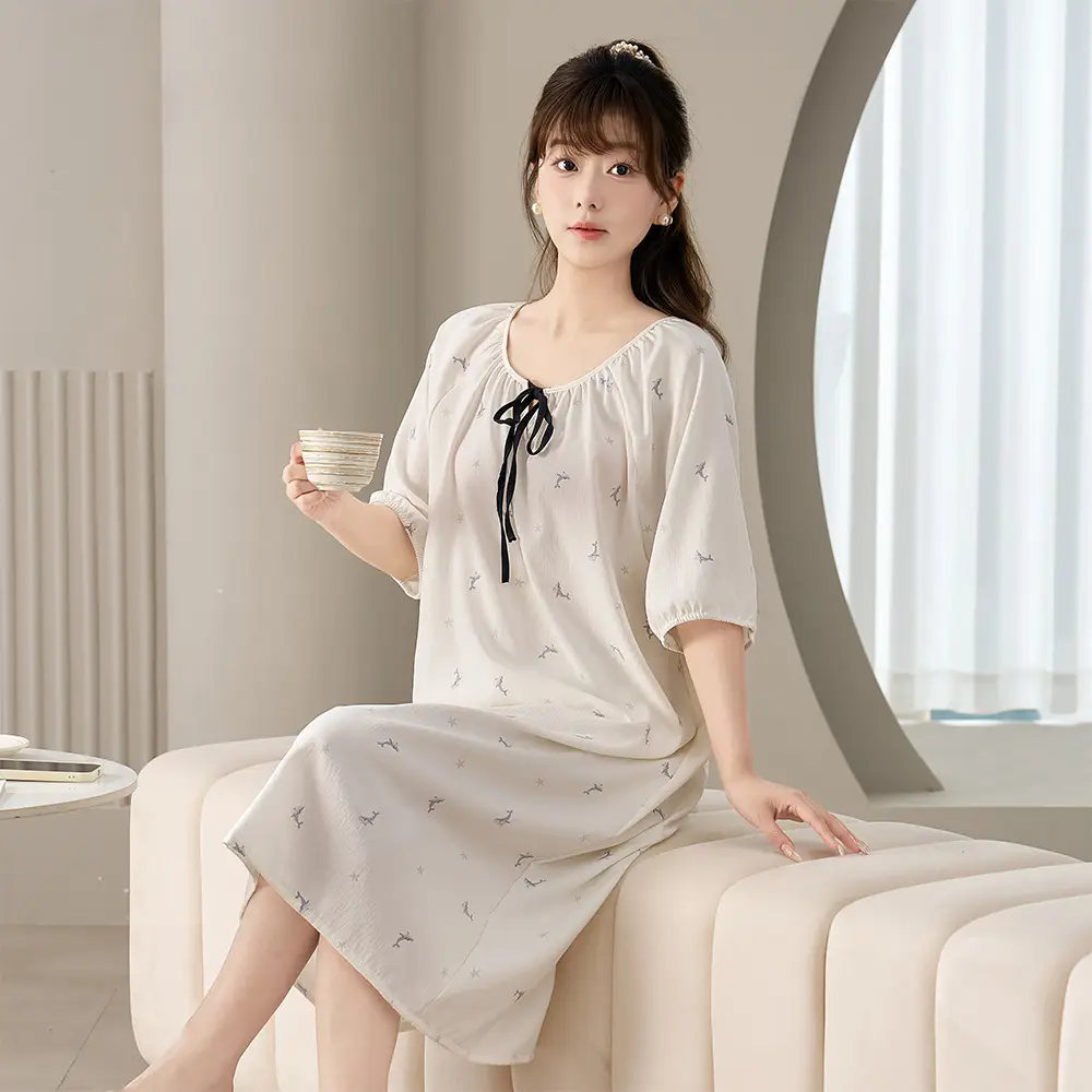Cloud Cotton Pajamas for Women, New Summer Style Nightgown, Mid-Length Short-Sleeved Nightgown, Large Size, Can Be Worn Outside, Women's Home Clothes