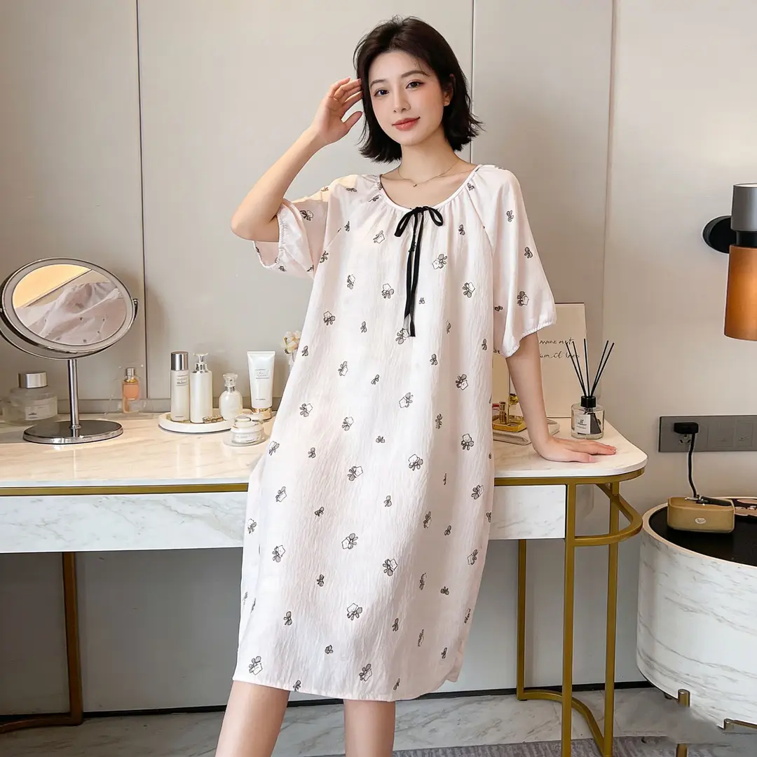 Cloud Cotton Pajamas for Women, New Summer Style Nightgown, Mid-Length Short-Sleeved Nightgown, Large Size, Can Be Worn Outside, Women's Home Clothes